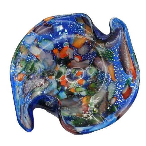 Murano Italian Art Glass Bowl Blue Millefiori Confetti Venetian Mid Century Mod - Picture 1 of 10